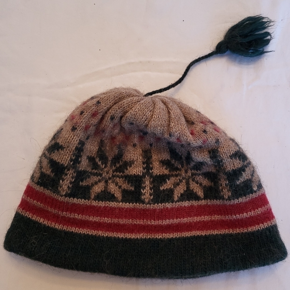 Nordic Knit Beanie with Pom Pom - Green, Beige and Red